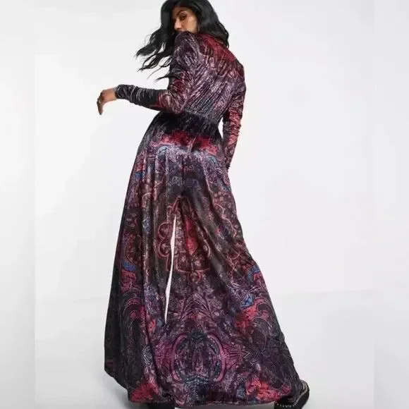 Free People Giselle Velvet Billowy Leg Jumpsuit Long Sleeve Deep V Neck Womens M - Picture 4 of 16